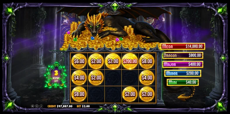 Sleeping Dragon Ultra Dark slot showing the Respin Bonus with locked Money symbols, jackpot prizes and the active respin feature.