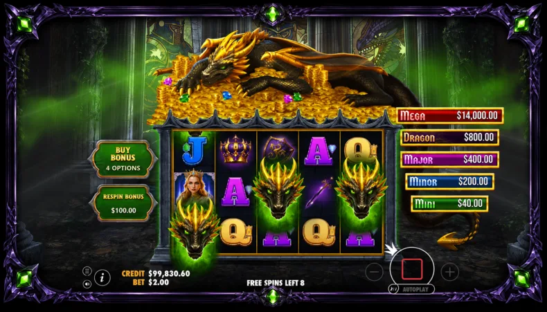 Sleeping Dragon Ultra Dark slot showing the Feature Buy menu with bonus purchase options and the base game reels.