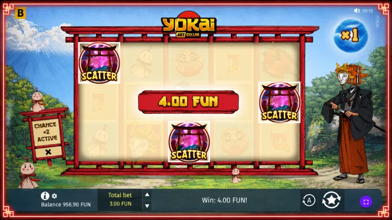 Yokai Art Collab slot showing three Scatter symbols, the active Chance ×2 feature and the Moon Multiplier at ×1.