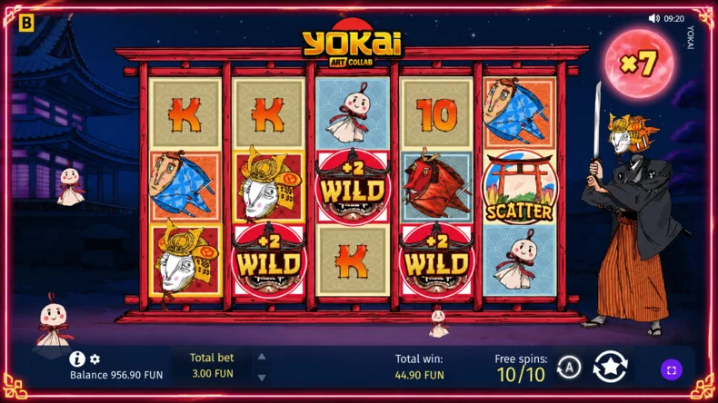 Yokai Art Collab slot showing the Moon Multiplier, +2 Wild symbols, Scatter symbol and an active Free Spins round.