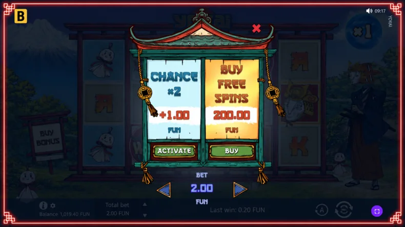 Yokai Art Collab slot showing the Buy Bonus menu with Free Spins purchase and the Chance ×2 feature.