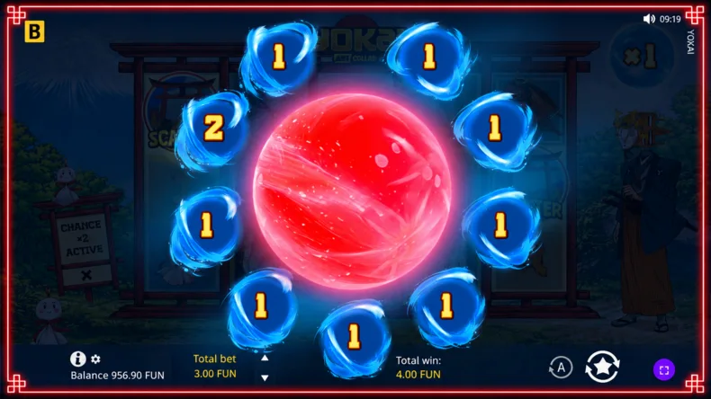 Yokai Art Collab slot showing the Moon Selection feature, where nine mystical moons reveal the number of Free Spins awarded.