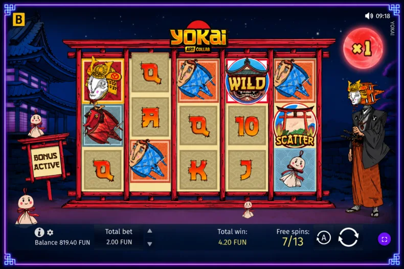 Yokai Art Collab slot showing a sticky Wild during Free Spins with the Moon Multiplier active.