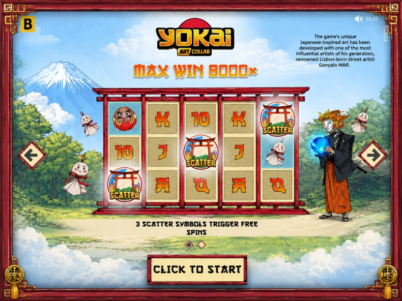 Yokai Art Collab slot intro screen featuring the Japanese-inspired artwork, samurai character and 8,000× max win.