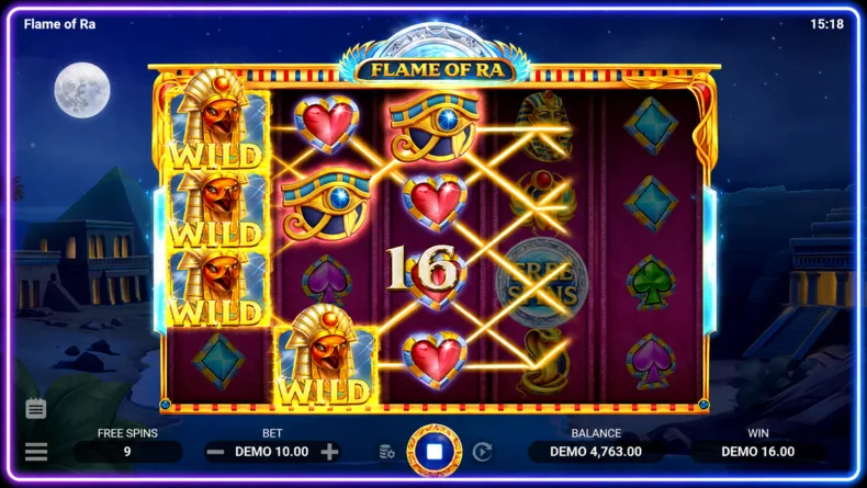 Flame of Ra slot showing stacked Wild symbols during a Free Spins round with multiple winning paylines.