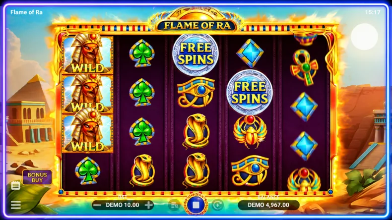 Flame of Ra slot showing Scatter symbols triggering the Free Spins feature alongside stacked Wild symbols.