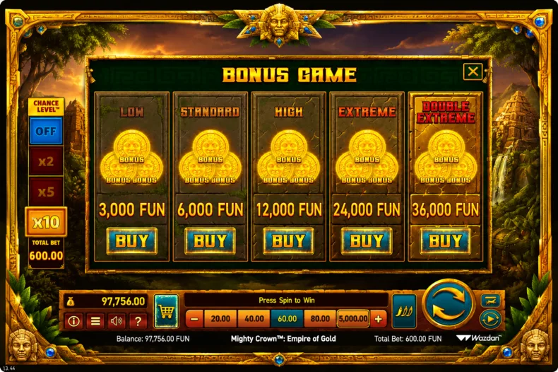 Buy Feature options with multiple Bonus Game purchases in Mighty Crown: Empire of Gold