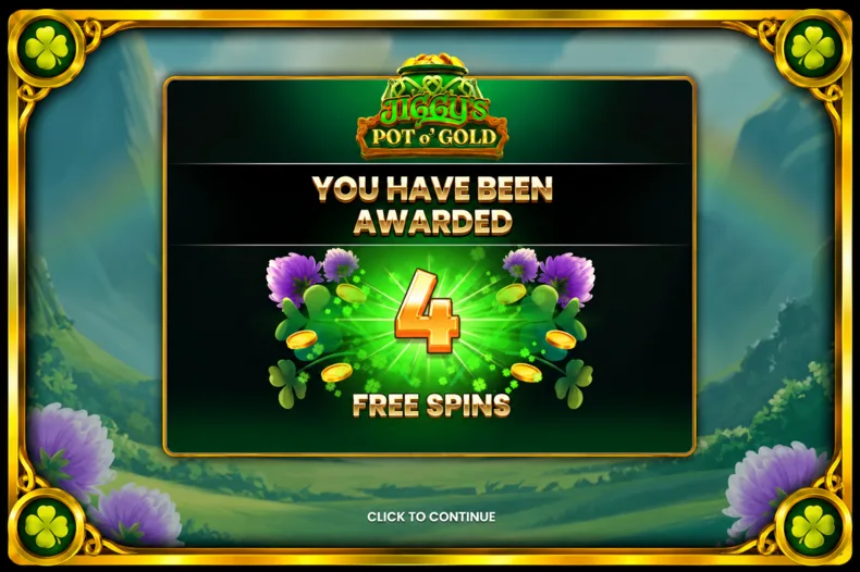 Jiggy’s Pot O’ Gold bonus screen awarding 4 free spins