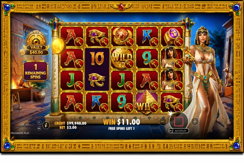 Luxor of Cleopatra Free Spins with an 18 of 20 Vault grid progress indicator