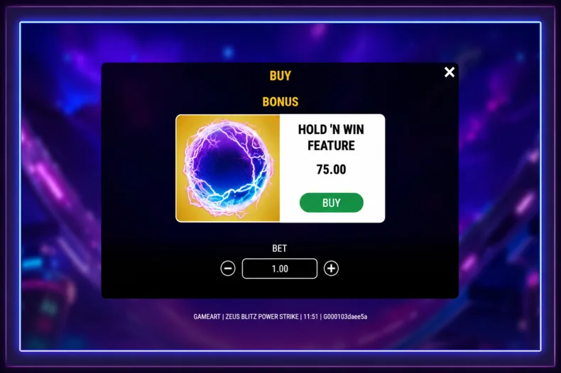 Zeus Blitz: Power Strike Buy Feature offering direct access to Hold ’n Win for 75× the bet