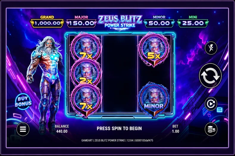 Zeus Blitz: Power Strike Hold ’n Win setup with Zeus Core values and Minor jackpot symbol