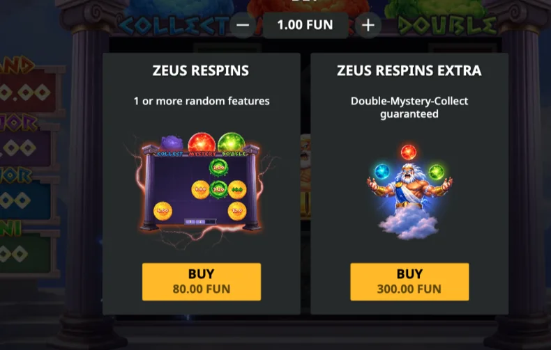 3 Orbs of Zeus Bonus Buy with Zeus Respins and Zeus Respins Extra options